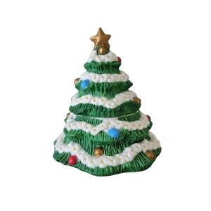 Vintage Christmas Tree Ceramic Stackable Salt and Pepper Shaker Set Green Gold